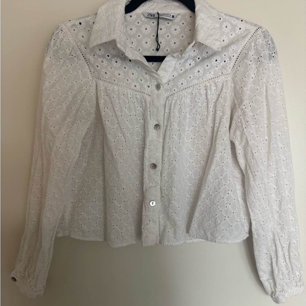 Zara Cream Eyelet Button-Up Blouse